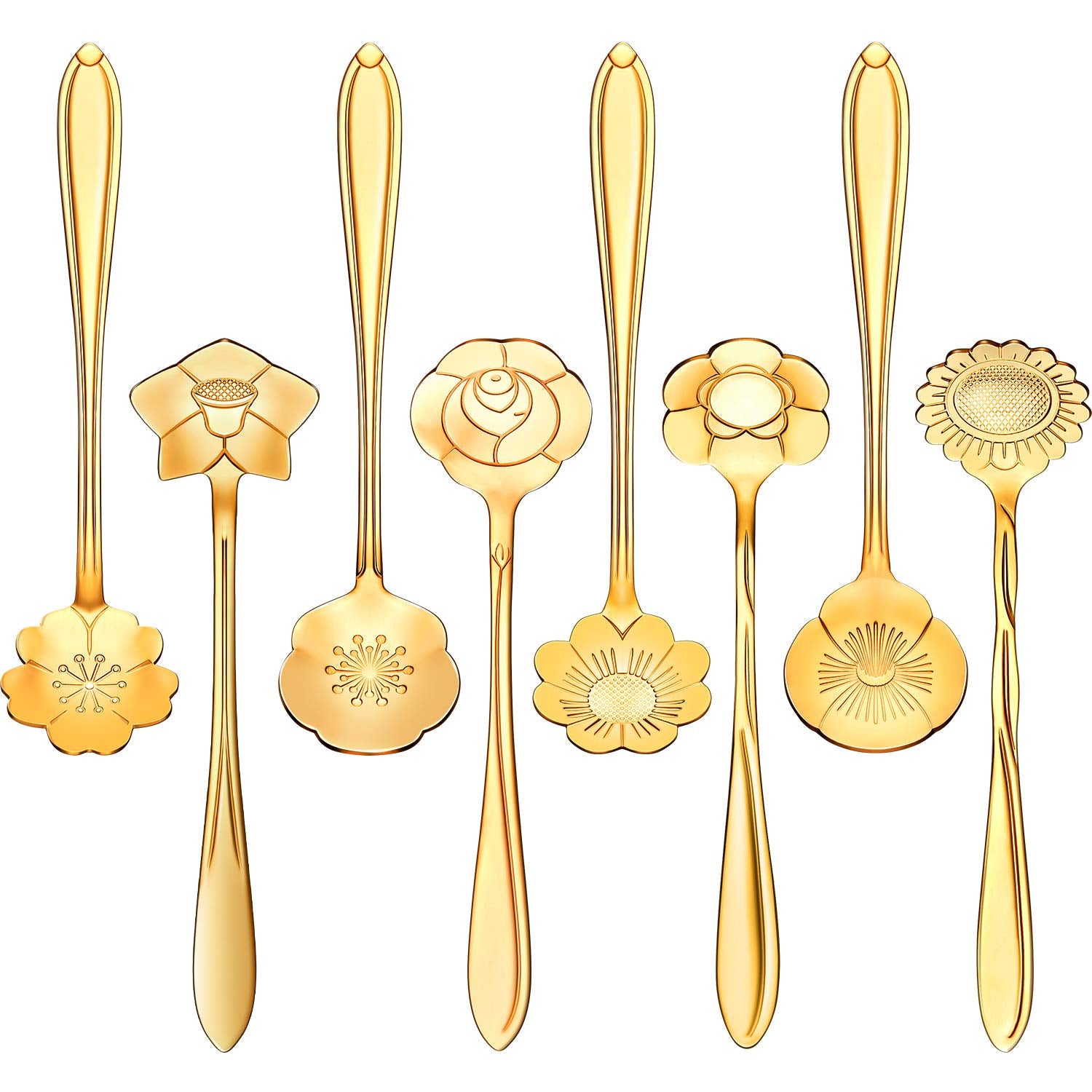 HASTHIP 8 Pieces Flower Spoon Coffee Teaspoon Set, 410 Stainless Steel Tableware, Reusable Sugar Spoon Tea Spoon Stir Bar Spoon Stirring Spoon, 8 Different Patterns (Golden) HASTHIP 8 Pieces Flower Spoon Coffee Teaspoon Set, 410 Stainless Steel Tableware, Reusable Sugar Spoon Tea Spoon Stir Bar Spoon Stirring Spoon, 8 Different Patterns (Golden)